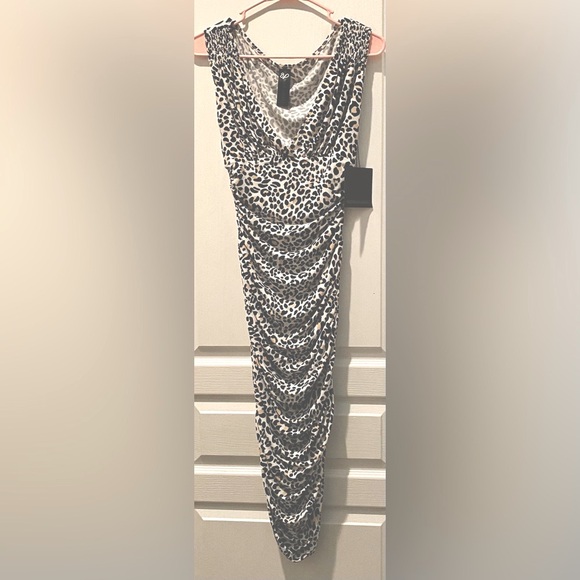 NWT Norma Kamali Tara Ruched Body Dress in Baby Leopard Jersey Print ZB1 - Picture 2 of 8